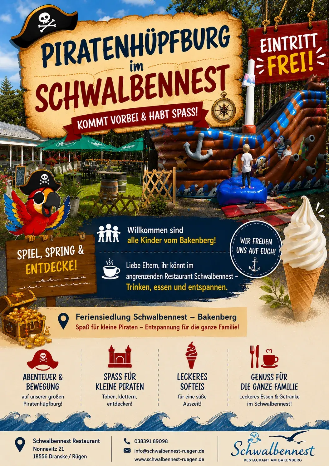 Plakat Piraten-Hüpfburg im Schwalbennest